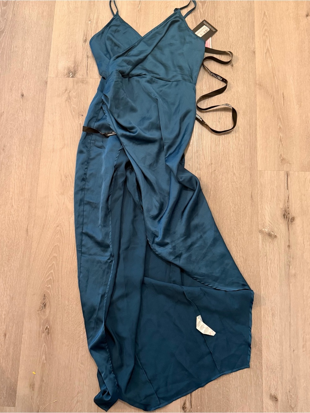 PrettyLittleThing Teal Blue Satin Faux Wrap Maxi Dress NWT 8